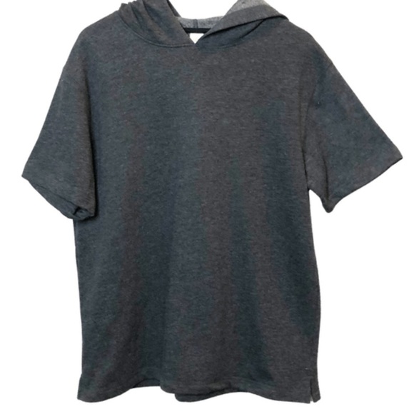 Women’s Dark Heather Grey Charcoal Short Sleeve Hoodie Streetwear Pullover - Picture 2 of 16